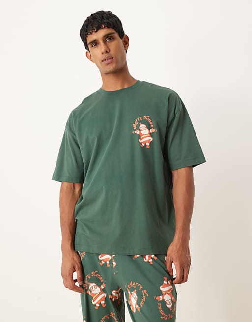 ASOS DESIGN Christmas Pyjama Set With Vintage Santa Graphic In Green