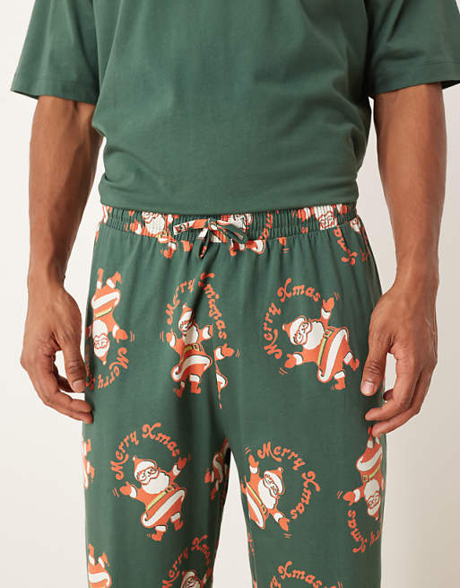 ASOS DESIGN Christmas Pyjama Set With Vintage Santa Graphic In Green