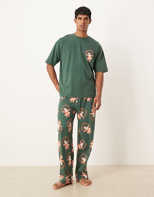 ASOS DESIGN Christmas Pyjama Set With Vintage Santa Graphic In Green