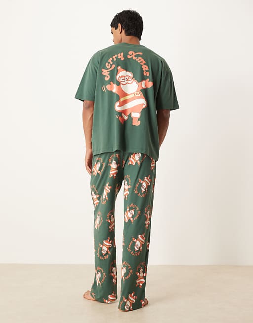 ASOS DESIGN Christmas pyjama set with vintage Santa graphic in green