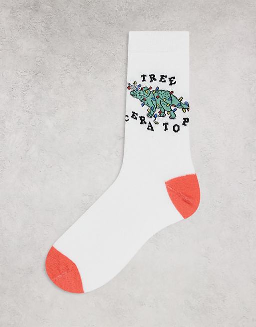 ASOS DESIGN Christmas socks with dinosaur graphic in white