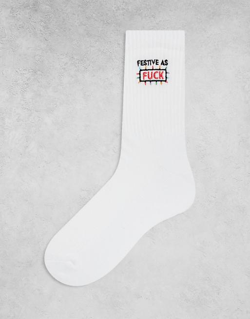 ASOS DESIGN Christmas socks with festive as fuck embroidery in white