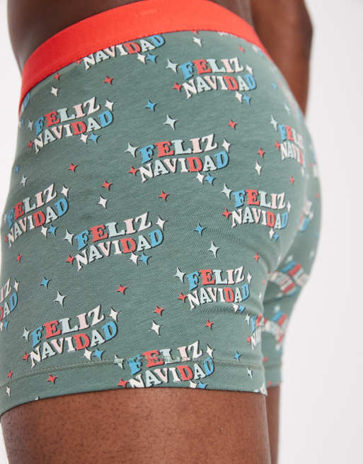 ASOS DESIGN Christmas Trunks With Feliz Navidad Graphic In Green
