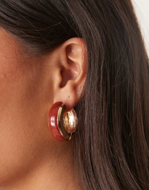 ASOS DESIGN Chunky Hoop Earrings In Burgundy And Gold Tone