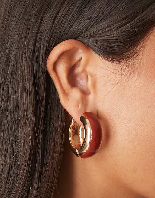 ASOS DESIGN chunky hoop earrings in burgundy and gold tone
