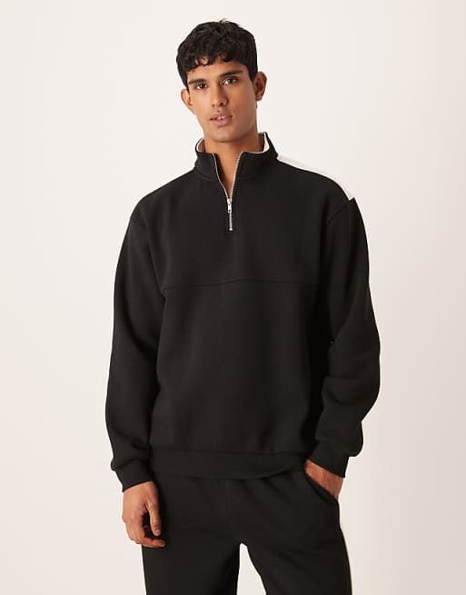 ASOS DESIGN co-ord 1/4 zip funnel neck sweatshirt with cut and sew panel in black