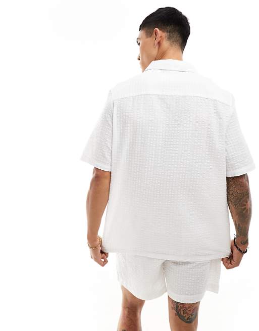 ASOS DESIGN Co-ord 90s Oversized Short Sleeve Shirt In Seersucker Texture In White