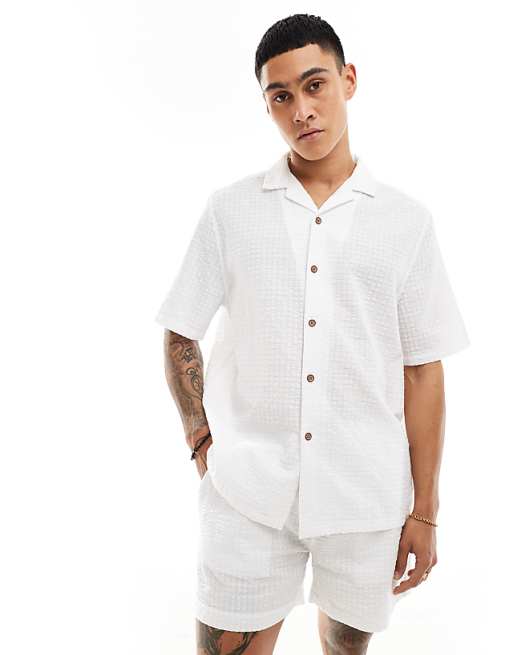 ASOS DESIGN Co-ord 90s Oversized Short Sleeve Shirt In Seersucker Texture In White