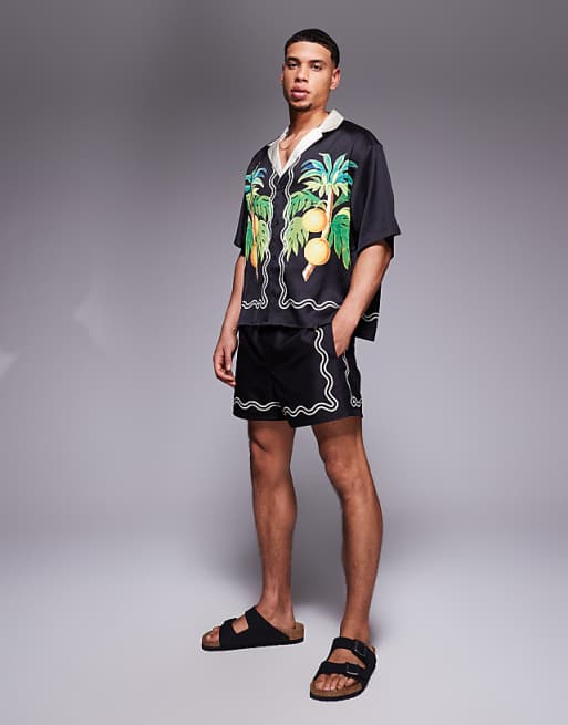ASOS DESIGN Co-ord Boxy Oversized Deep Revere Shirt With Fruit Border Print In Black
