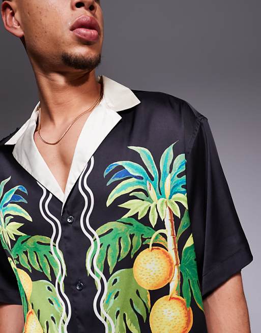 ASOS DESIGN Co-ord Boxy Oversized Deep Revere Shirt With Fruit Border Print In Black