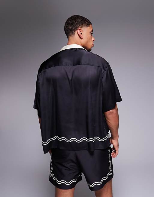 ASOS DESIGN Co-ord Boxy Oversized Deep Revere Shirt With Fruit Border Print In Black