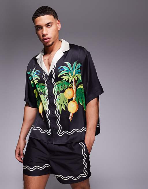 ASOS DESIGN co-ord boxy oversized deep revere shirt with fruit border print in black