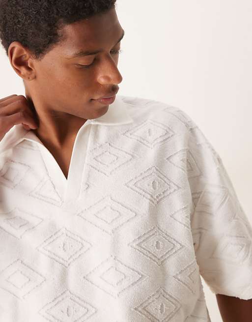 ASOS DESIGN Co-ord Boxy Oversized Jacquard Polo In Ecru