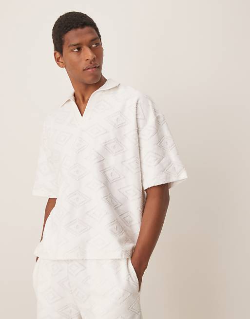 ASOS DESIGN co-ord boxy oversized jacquard polo in ecru