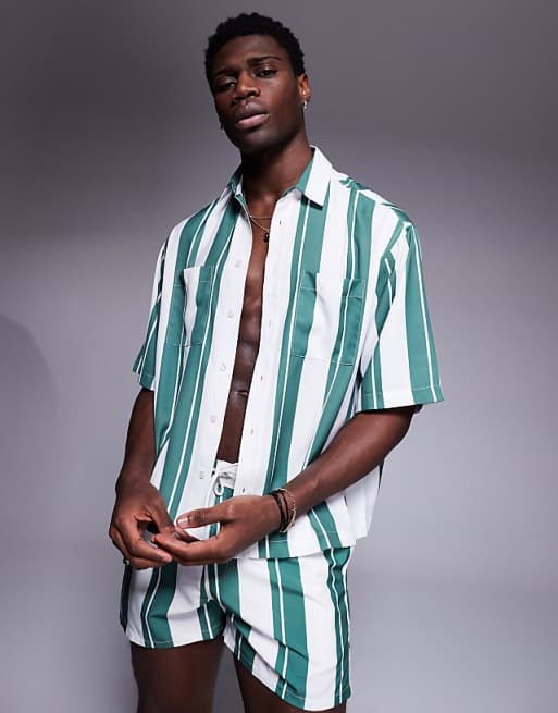 ASOS DESIGN Co-ord Boxy Oversized Shirt In White And Green Stripe