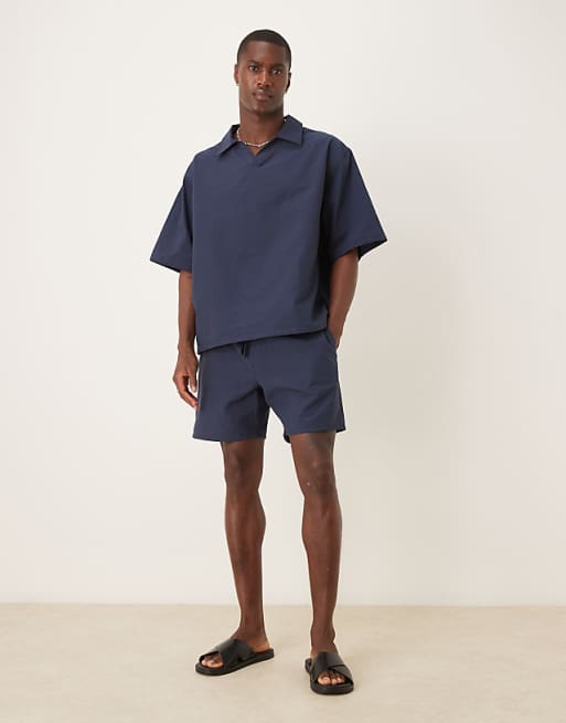 ASOS DESIGN Co-ord Boxy Oversized Textured Polo Shirt In Navy
