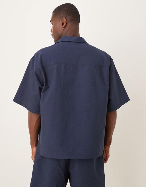 ASOS DESIGN Co-ord Boxy Oversized Textured Polo Shirt In Navy