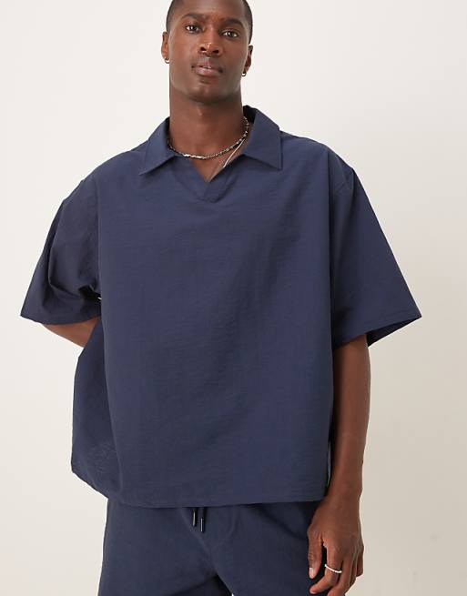 ASOS DESIGN co-ord boxy oversized textured polo shirt in navy