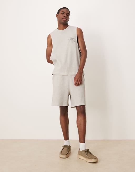 ASOS DESIGN co-ord boxy relaxed tank with chest embroidery & shorts in beige waffle