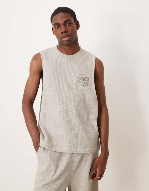 ASOS DESIGN Co-ord Boxy Relaxed Tank With Chest Embroidery & Shorts In Beige Waffle