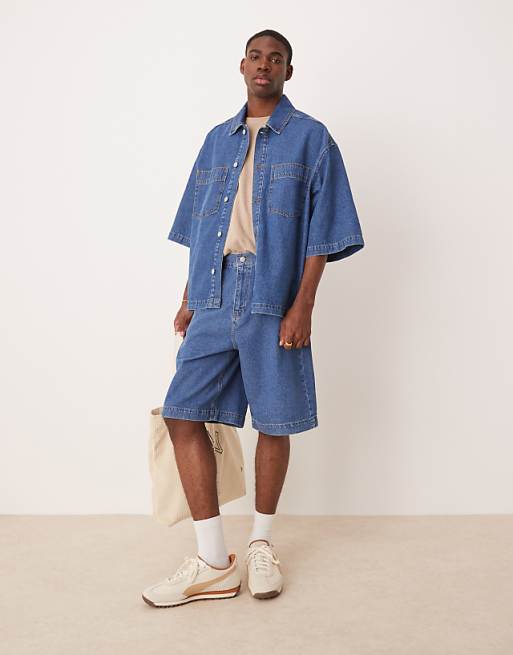 ASOS DESIGN co-ord denim shirt and jeans in mid wash blue