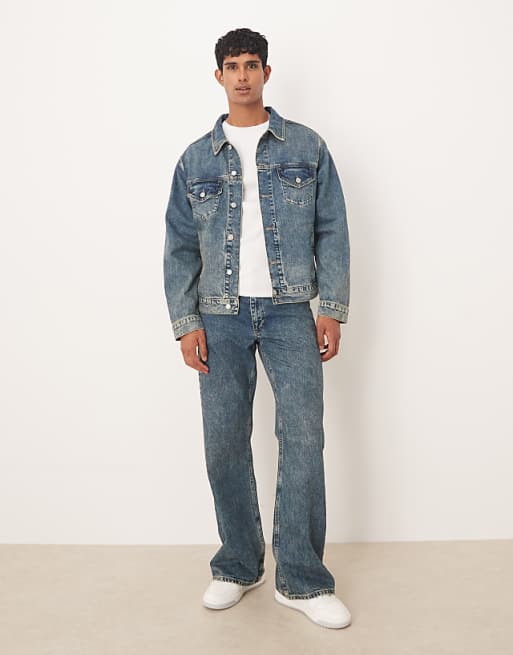 ASOS DESIGN Co-ord Denim Trucker Jacket In Mid Wash Blue With Yellow Tint