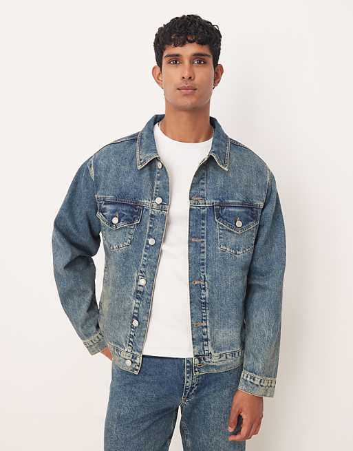 ASOS DESIGN co-ord denim trucker jacket in mid wash blue with yellow tint