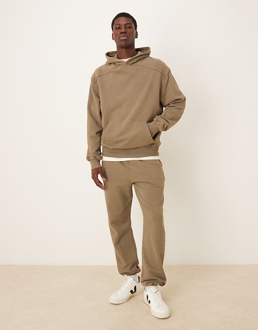 ASOS DESIGN Co-ord Garment Dye Heavy Wash Oversized Hoodie In Khaki