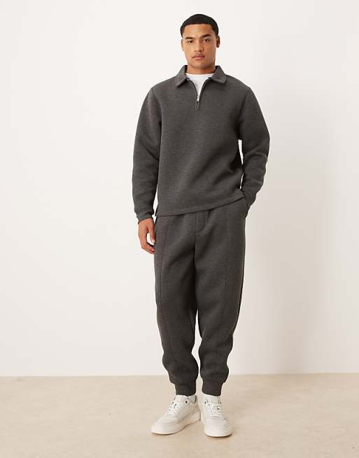 ASOS DESIGN co-ord heavyweight tapered jogger with pintucks in scuba-style fabric in charcoal marl
