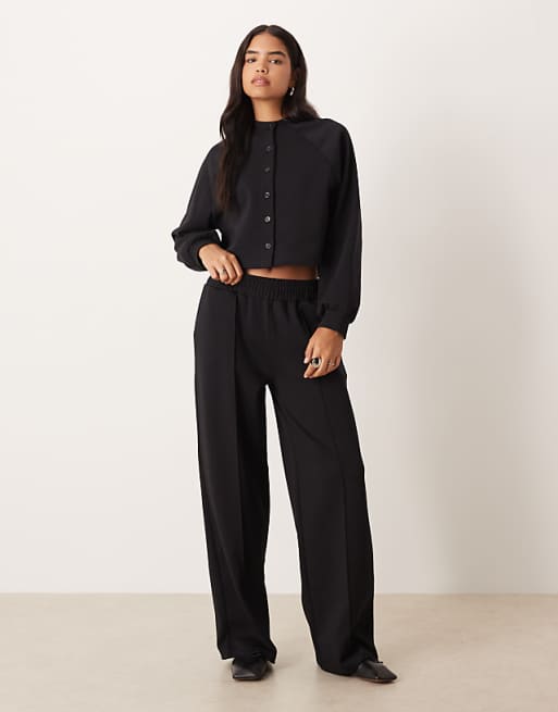 ASOS DESIGN co-ord interlock wide leg trouser in black