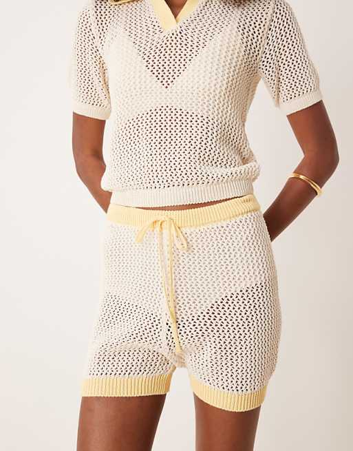 ASOS DESIGN Co-ord Knitted Open Stitch Contrast Trim Shorts In Cream And Yellow