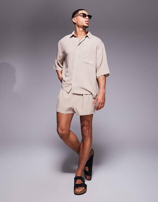 ASOS DESIGN Co-ord Linen Blend Oversized Shirt With Chest Embroidery In Brown