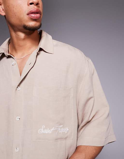 ASOS DESIGN Co-ord Linen Blend Oversized Shirt With Chest Embroidery In Brown