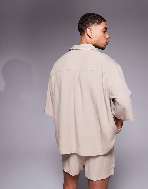 ASOS DESIGN Co-ord Linen Blend Oversized Shirt With Chest Embroidery In Brown