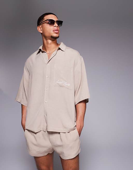 ASOS DESIGN co-ord linen blend oversized shirt with chest embroidery in brown