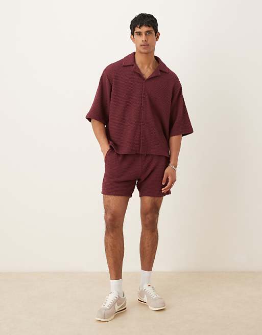 ASOS DESIGN Co-ord Oversized Half Sleeve Crochet Shirt In Burgundy
