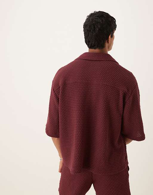 ASOS DESIGN Co-ord Oversized Half Sleeve Crochet Shirt In Burgundy