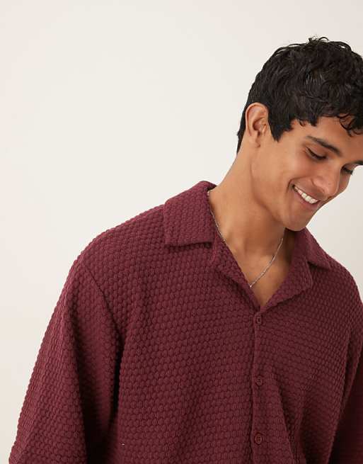 ASOS DESIGN Co-ord Oversized Half Sleeve Crochet Shirt In Burgundy