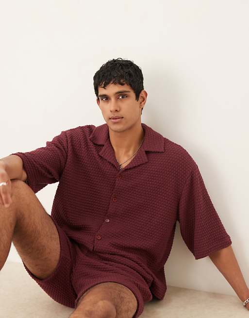 ASOS DESIGN co-ord oversized half sleeve crochet shirt in burgundy