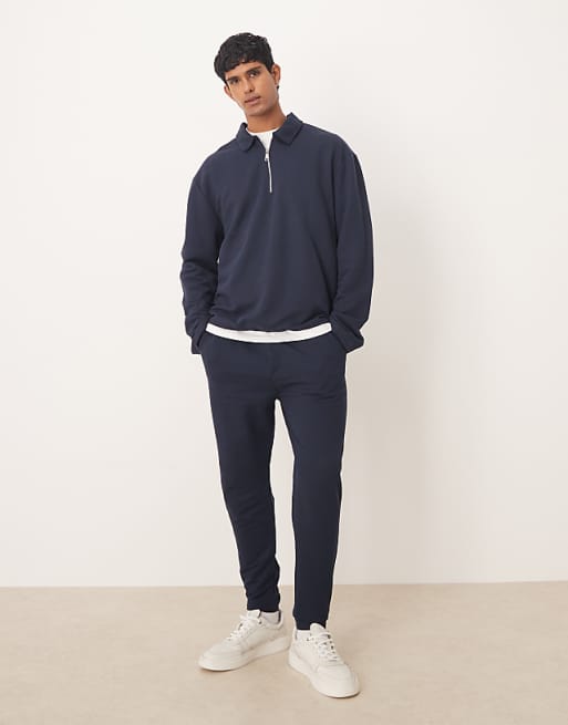 ASOS DESIGN co-ord oversized half zip polo & joggers in navy pique