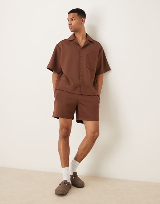 ASOS DESIGN Co-ord Oversized Revere Collar Shirt In Brown Scuba-style Fabric