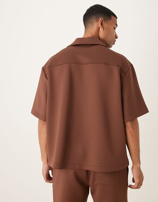 ASOS DESIGN Co-ord Oversized Revere Collar Shirt In Brown Scuba-style Fabric