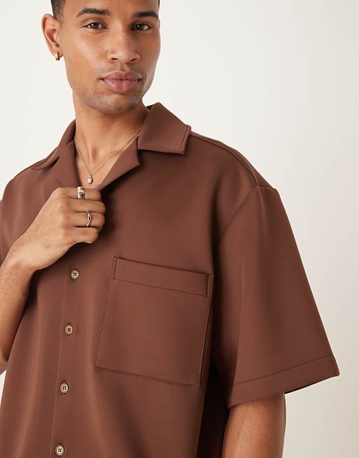 ASOS DESIGN Co-ord Oversized Revere Collar Shirt In Brown Scuba-style Fabric