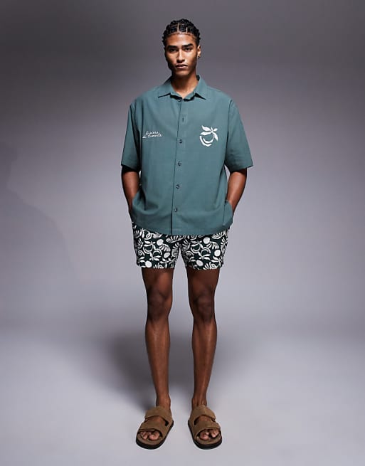ASOS DESIGN Co-ord Oversized Shirt With Chest Embroidery In Green