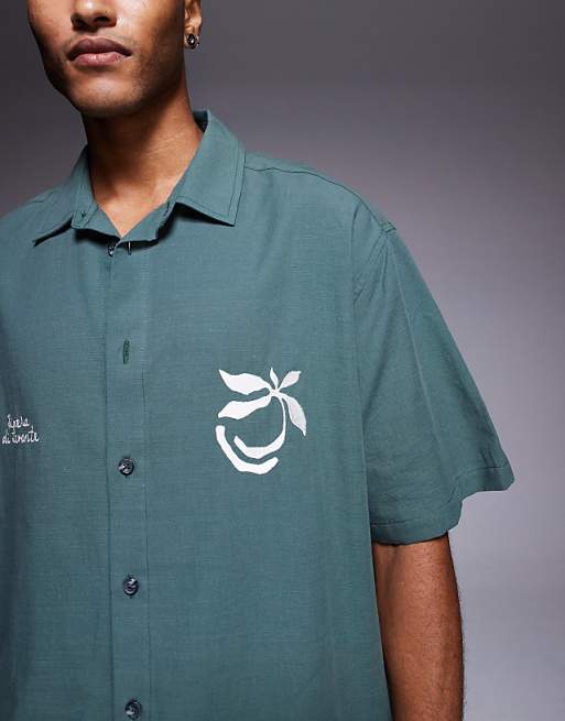 ASOS DESIGN Co-ord Oversized Shirt With Chest Embroidery In Green