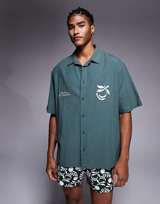 ASOS DESIGN co-ord oversized shirt with chest embroidery in green
