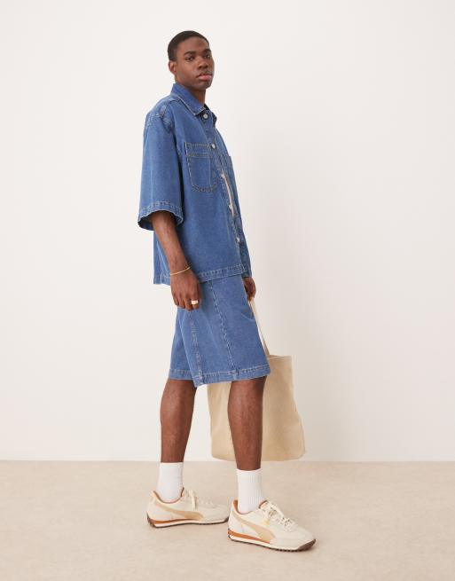 ASOS DESIGN Co-ord Oversized Short Sleeve Denim Shirt With Patch Pockets And Jorts In Mid Wash Blue - MBLUE
