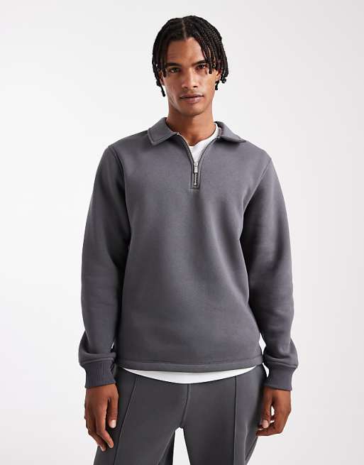 ASOS DESIGN co-ord quarter zip sweatshirt with collar in charcoal