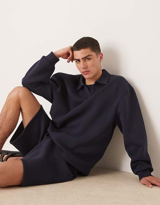 ASOS DESIGN co-ord relaxed drop shoulder sweatshirt with collar in navy