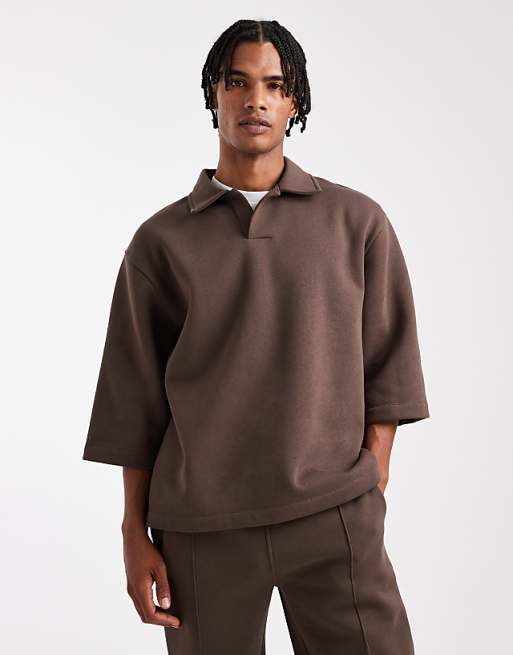 ASOS DESIGN co-ord relaxed polo short sleeve sweatshirt in brown